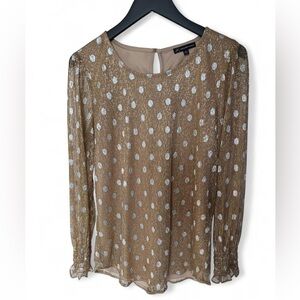 Adrianna Papell Gold and Silver Metallic Polka Dot Semi Sheer Blouse Size M